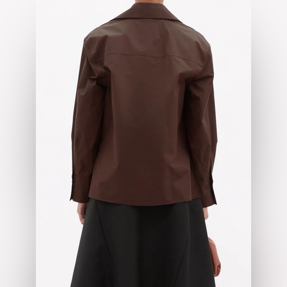 Jill Sander Tie-neck Organic-cotton Poplin Brown Blouse Long Sleeve V Neck - Picture 4 of 8
